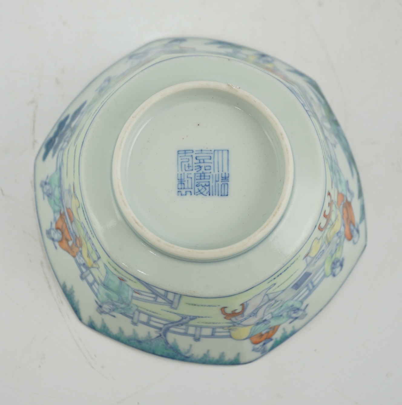 A Chinese doucai ‘scholars’ hexagonal bowl, Jiaqing mark and probably of the period (1796-1820)